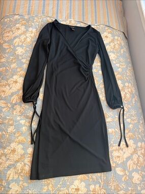 Express Black Long-Sleeve (faux) Wrap Style Dress w/Tie Cuffs